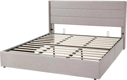 Allewie Queen Size Lift up Storage Bed, Modern Wingback Headboard, Hydraulic Support, Light Beige