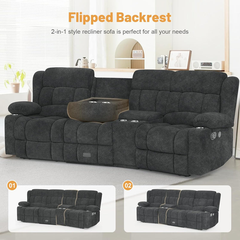 3 Seat Reclining Sofa with Storage Drawer USB Ports and Cup Holders Manual Couch