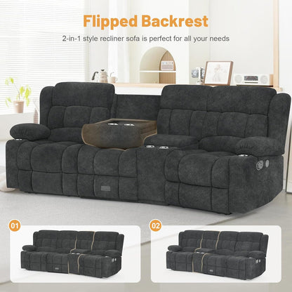 3 Seat Reclining Sofa with Storage Drawer USB Ports and Cup Holders Manual Couch