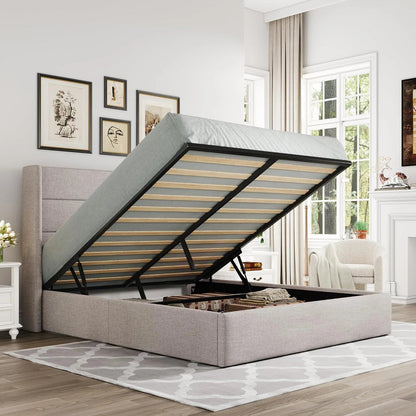 Allewie Queen Size Lift up Storage Bed, Modern Wingback Headboard, Hydraulic Support, Light Beige