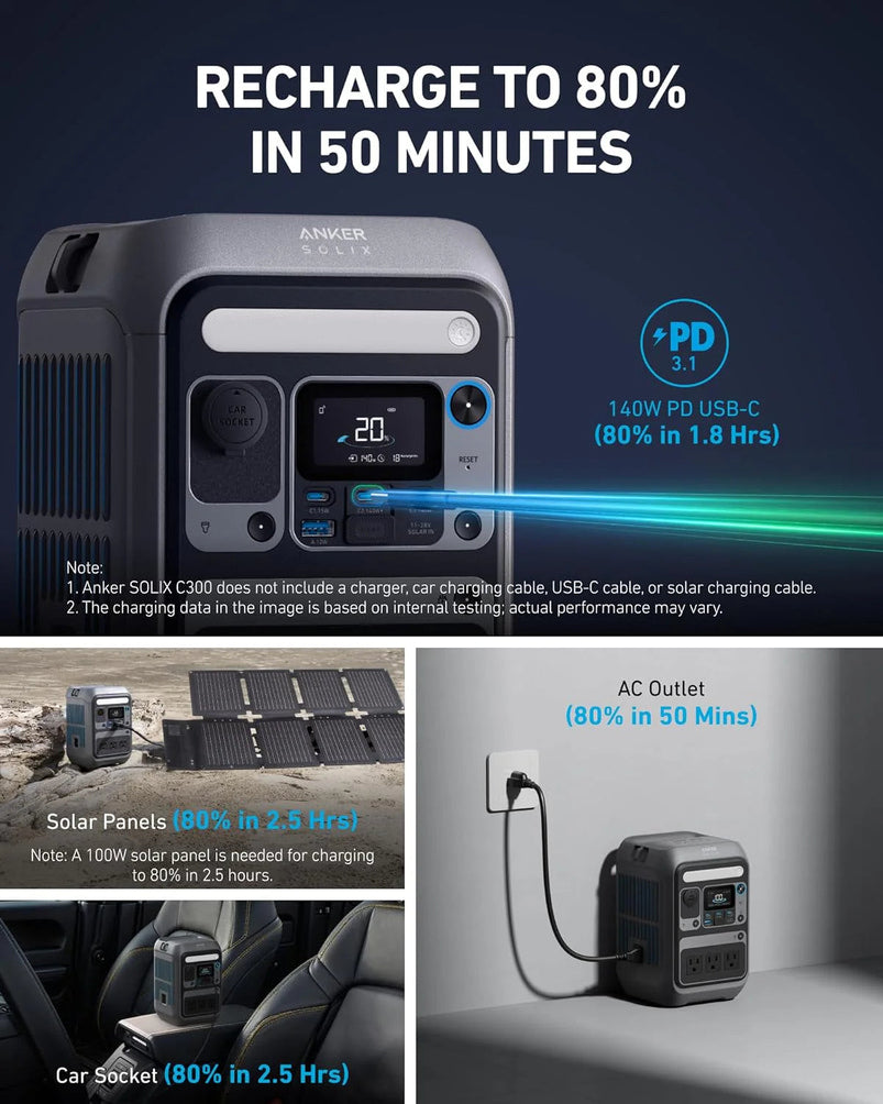 Anker Solar Generator Solix C300 with 60W Solar Panel, 288Wh Portable Power Station, 300W 600W Surge, LiFePO4 Battery, 140W Two-Way Fast Charging