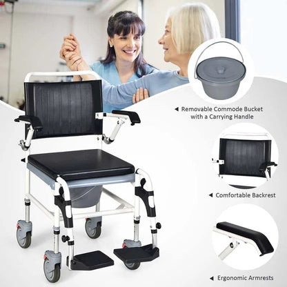 4 in 1 Bedside Commode Chair Shower Wheelchair with Detachable Bucket Padded Mobile Toilet Chair, Comfortable and Ergonomic Design