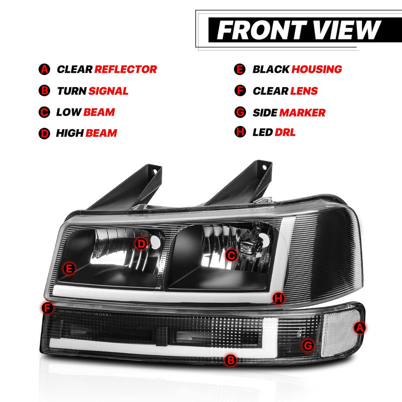 4-Pack LED Running Light Bars L Plus R Black Headlights Plus Bumper Signals for 2003-2014 Chevrolet Express 1500, 2003-2023 Chevrolet Express 2500