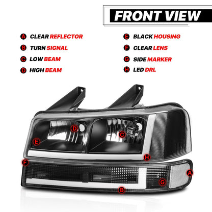 4-Pack LED Running Light Bars L Plus R Black Headlights Plus Bumper Signals for 2003-2014 Chevrolet Express 1500, 2003-2023 Chevrolet Express 2500