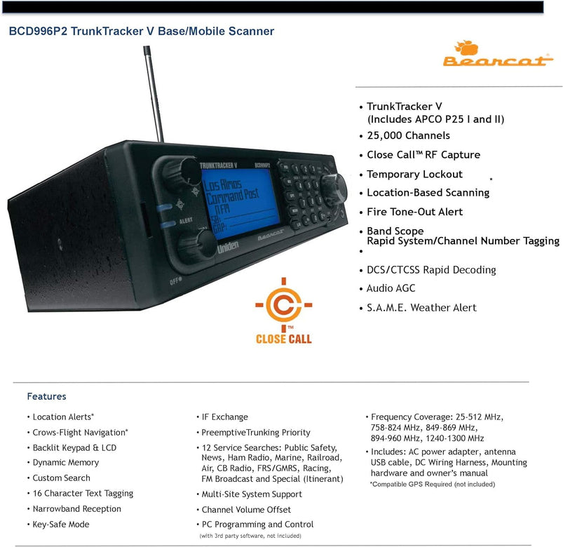 BCD996P2 Digital Mobile Trunktracker V Scanner, 25, 000 Dynamically Allocated Channels, Close Call Rf Capture Technology, 4-Line Alpha Display