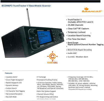 BCD996P2 Digital Mobile Trunktracker V Scanner, 25, 000 Dynamically Allocated Channels, Close Call Rf Capture Technology, 4-Line Alpha Display