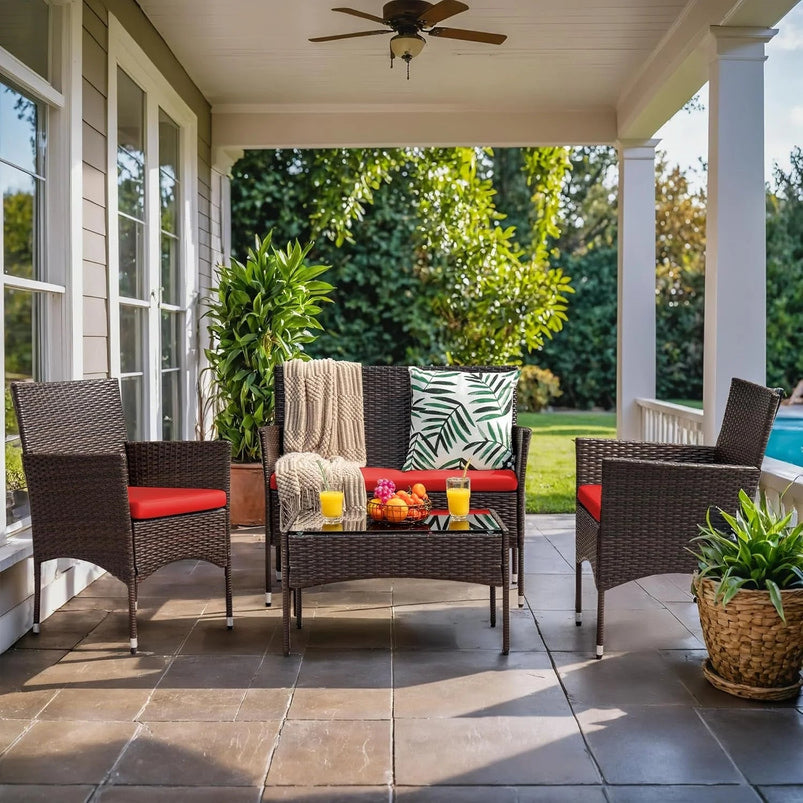 4 Pieces Patio Rattan Chair Wicker, Outdoor Indoor Use Backyard Porch Garden Poolside Balcony Furniture Sets Red