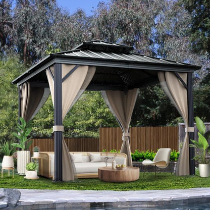 10x10 Hardtop Gazebo with Double Metal Roof, Aluminum Frame, Net, and Curtain. All-Weather, Ideal for Patio, Deck, Garden, Backyard. Khaki