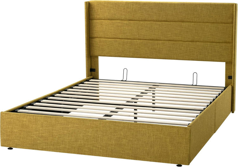 Allewie Queen Size Lift up Storage Bed, Modern Wingback Headboard, Hydraulic Support, Light Beige