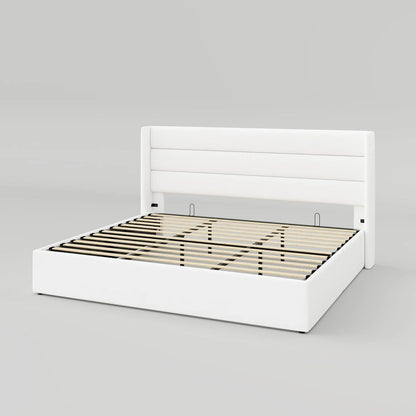 Allewie Queen Size Lift up Storage Bed, Modern Wingback Headboard, Hydraulic Support, Light Beige
