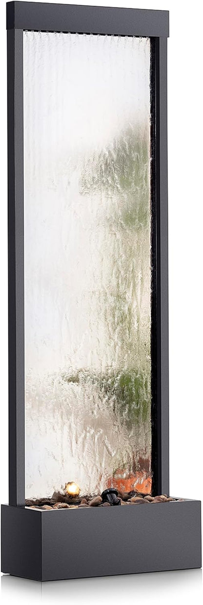 Alpine Mirror Waterfall Fountain with Stones and Lights, 72", Indoor/Outdoor Zen Decor
