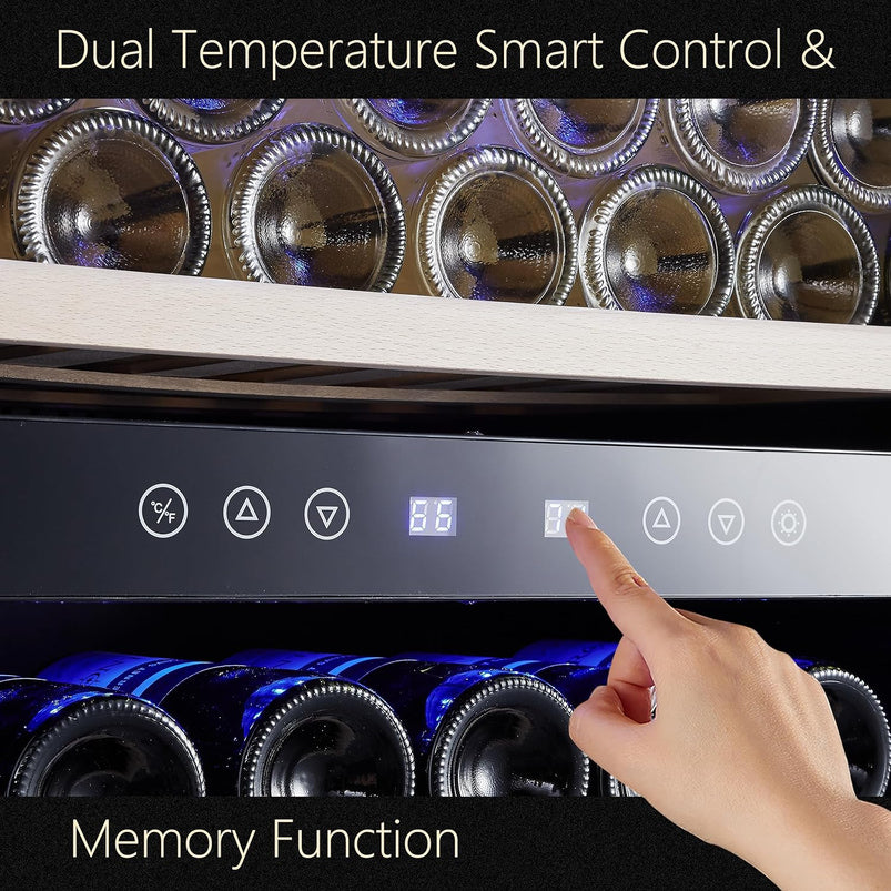 24 Inch Wine Cooler, 46 Bottle, Dual Zone Built-in or Freestanding Fridge with Stainless Steel Reversible Glass Door, for Home, Kitchen, or Office