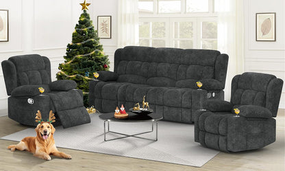 3 Seat Reclining Sofa with Storage Drawer USB Ports and Cup Holders Manual Couch