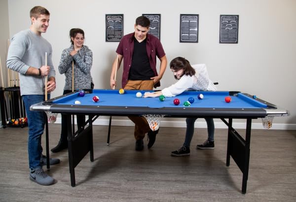 6 Ft Portable Pool Table, Adults Folding Billiards Tables for Game Room with Easy Foldable Storage, Includes Full Set of Billiard Balls, Cues