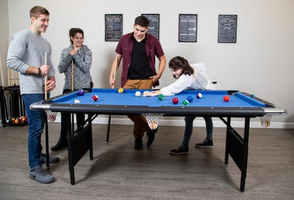 6 Ft Portable Pool Table, Adults Folding Billiards Tables for Game Room with Easy Foldable Storage, Includes Full Set of Billiard Balls, Cues