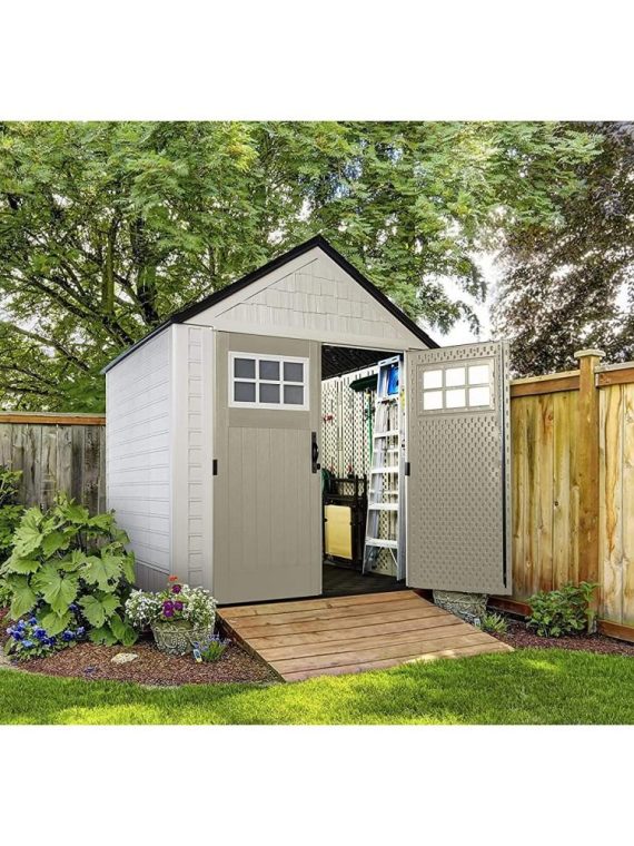 7x7 Ft Durable Weather Resistant Resin Outdoor Garden Storage Shed with Windows and Utility Hooks, Sand