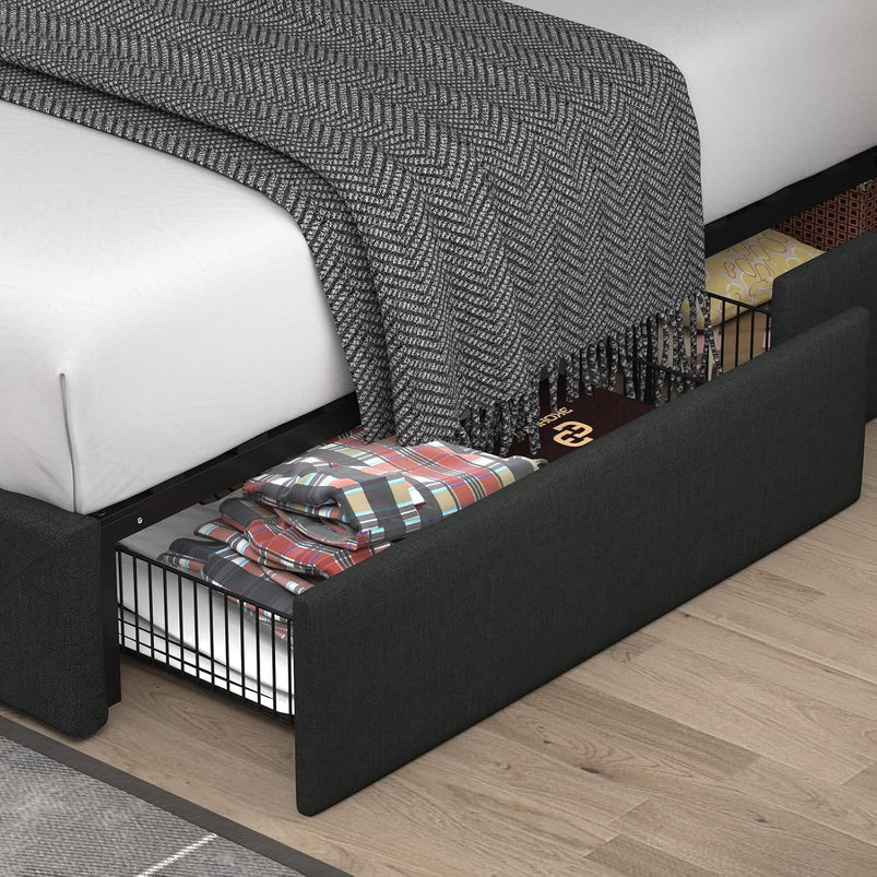 Allewie Upholstered Queen Size Platform Bed Frame with 4 Storage Drawers and Headboard, Square Stitched Button Tufted