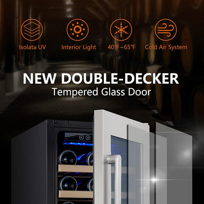 24 Inch Wine Cooler, 46 Bottle, Dual Zone Built-in or Freestanding Fridge with Stainless Steel Reversible Glass Door, for Home, Kitchen, or Office