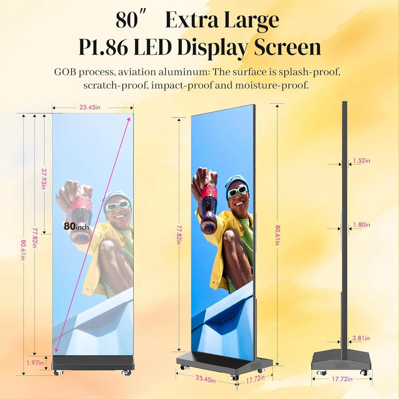 80" P1.86 Flexible Spliceable LED Poster Display, USB Plug-and-Play, Mobile and Pc Remote Control, Digital Signage Advertising Screen Silver, 1-Pack