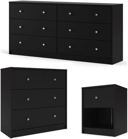 3-Pc Scandinavian Design Engineered Wood Bedroom Furniture Set with 3-Drawer Chest and 6-Drawer Double Dresser and 1-Drawer Nightstand