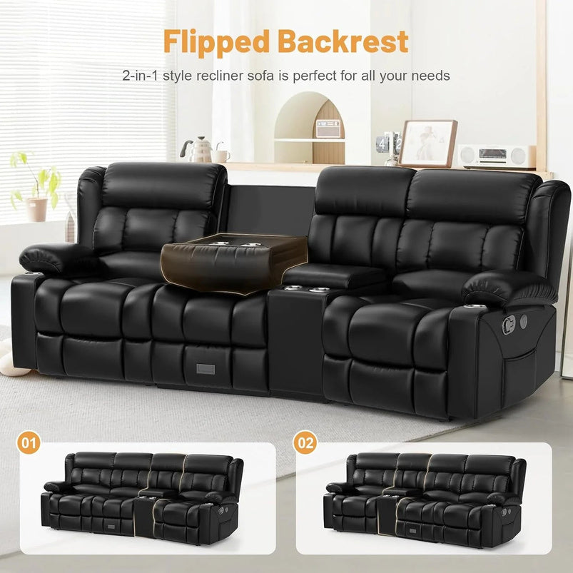 3 Seat Reclining Sofa with Storage Drawer USB Ports and Cup Holders Manual Couch