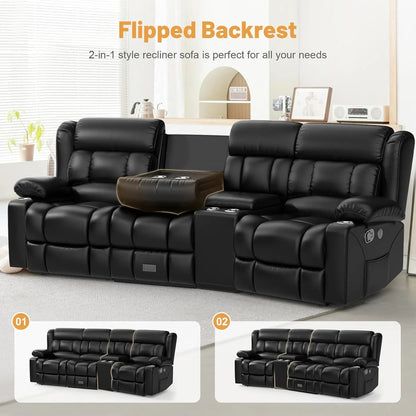 3 Seat Reclining Sofa with Storage Drawer USB Ports and Cup Holders Manual Couch