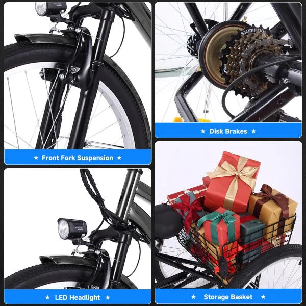26 Inch Adult 3 Wheel Electric Tricycle with Basket, Fat Tires, 7 Speeds, 350W Powerful Motor, 36V 10Ah Removable Battery Dark Gray