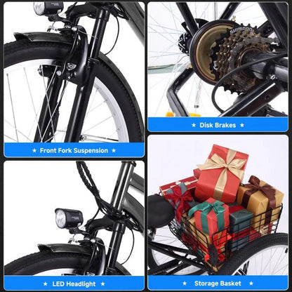 26 Inch Adult 3 Wheel Electric Tricycle with Basket, Fat Tires, 7 Speeds, 350W Powerful Motor, 36V 10Ah Removable Battery Dark Gray