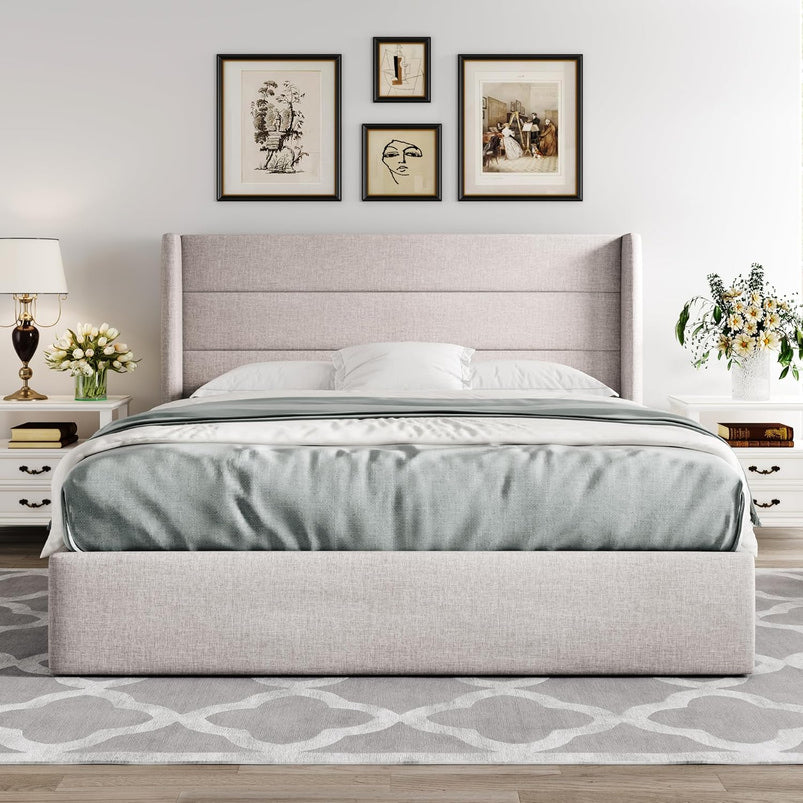 Allewie Queen Size Lift up Storage Bed, Modern Wingback Headboard, Hydraulic Support, Light Beige