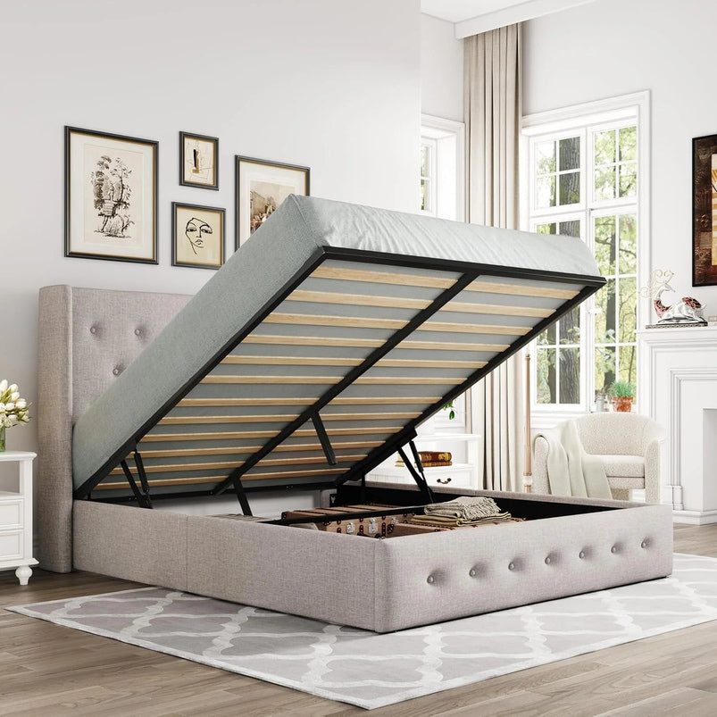 Allewie Queen Size Lift up Storage Bed, Modern Wingback Headboard, Hydraulic Support, Light Beige
