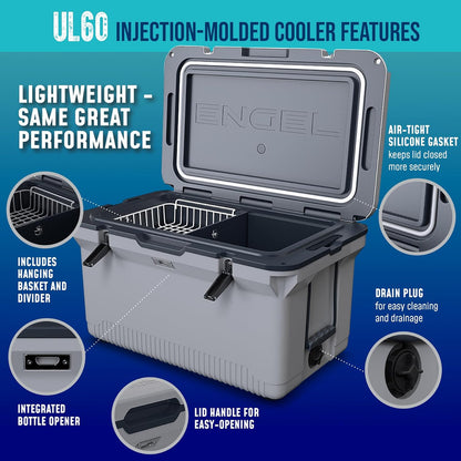 60 QT Ultra-Light Injection Molded Cooler, Ice Chest Keeps Ice up to 7 Days, Large Cooler Includes Wire Basket, Divider and Built-in Bottle Opener