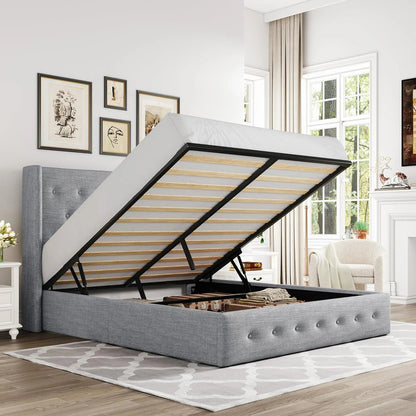 Allewie Queen Size Lift up Storage Bed, Modern Wingback Headboard, Hydraulic Support, Light Beige