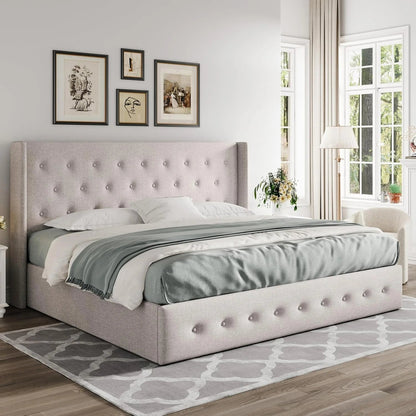 Allewie Queen Size Lift up Storage Bed, Modern Wingback Headboard, Hydraulic Support, Light Beige