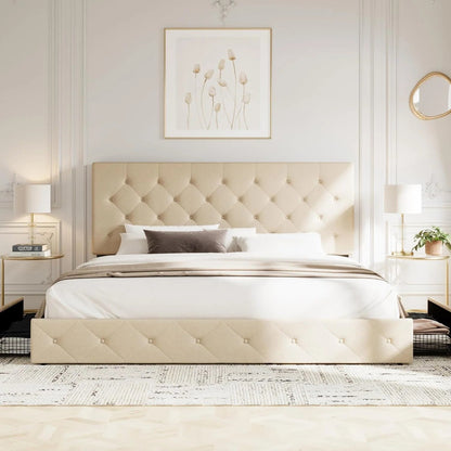 Allewie Upholstered Queen Size Platform Bed Frame with 4 Storage Drawers and Headboard, Square Stitched Button Tufted