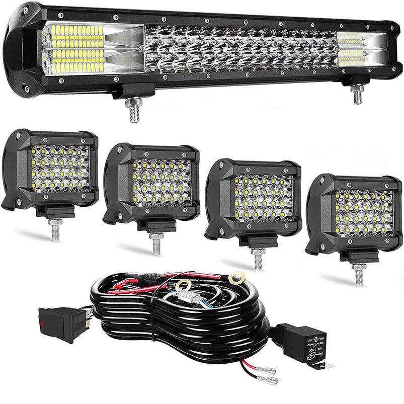 20in Triple Row LED Light Bar, 288W Waterproof Spot Flood Combo Automotive Work Light Bars Plus 4pcs 72W LED Pods with Wiring Harness, for Off Road