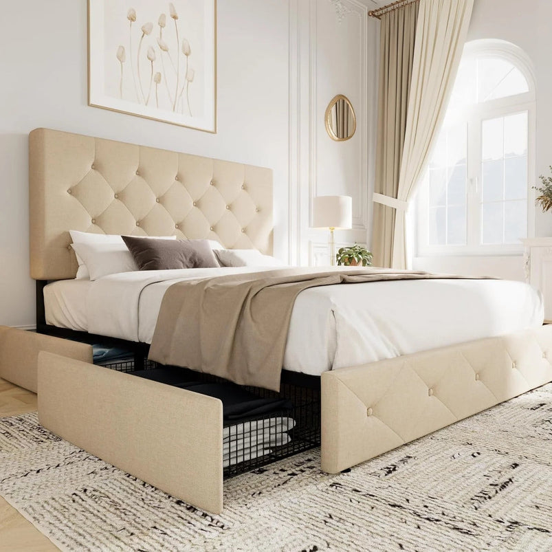 Allewie Upholstered Queen Size Platform Bed Frame with 4 Storage Drawers and Headboard, Square Stitched Button Tufted