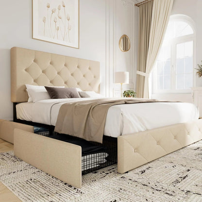 Allewie Upholstered Queen Size Platform Bed Frame with 4 Storage Drawers and Headboard, Square Stitched Button Tufted