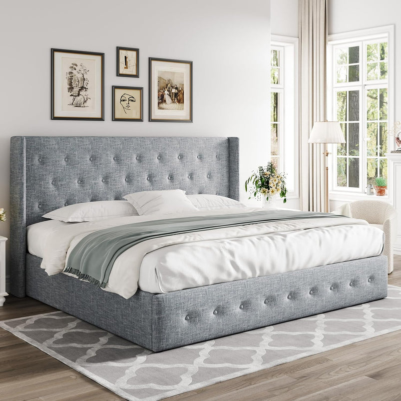 Allewie Queen Size Lift up Storage Bed, Modern Wingback Headboard, Hydraulic Support, Light Beige