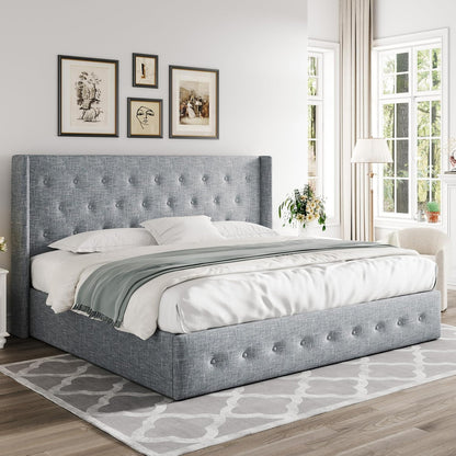 Allewie Queen Size Lift up Storage Bed, Modern Wingback Headboard, Hydraulic Support, Light Beige