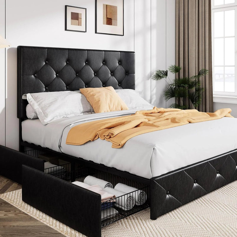Allewie Upholstered Queen Size Platform Bed Frame with 4 Storage Drawers and Headboard, Square Stitched Button Tufted