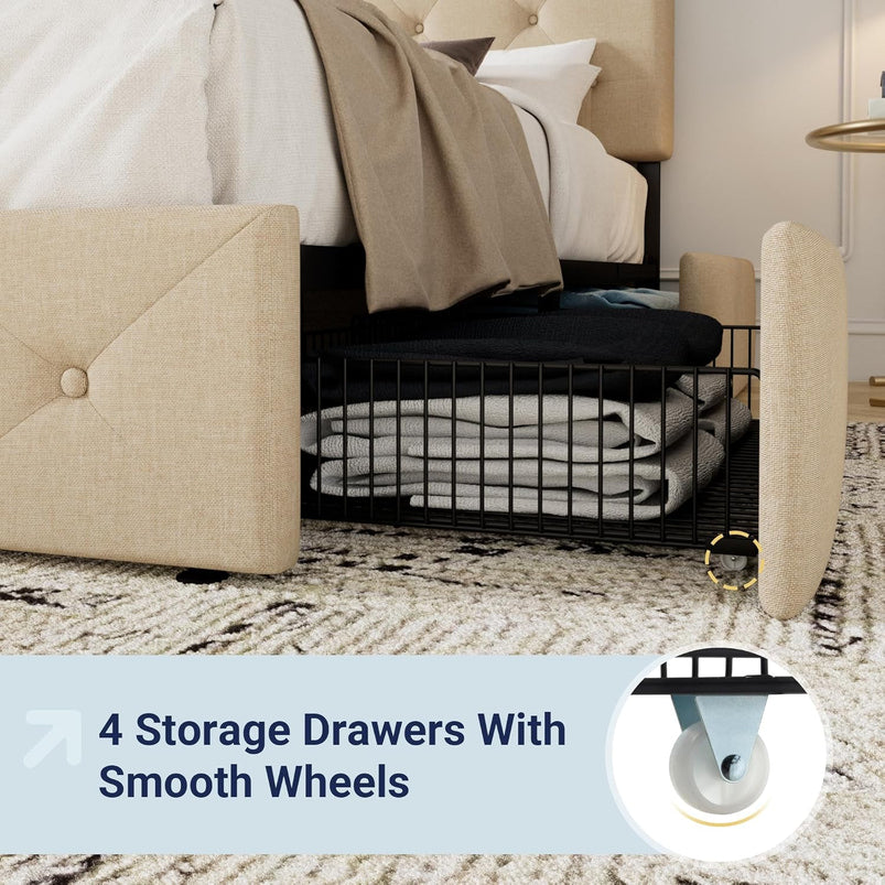 Allewie Upholstered Queen Size Platform Bed Frame with 4 Storage Drawers and Headboard, Square Stitched Button Tufted