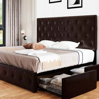 Allewie Upholstered Queen Size Platform Bed Frame with 4 Storage Drawers and Headboard, Square Stitched Button Tufted