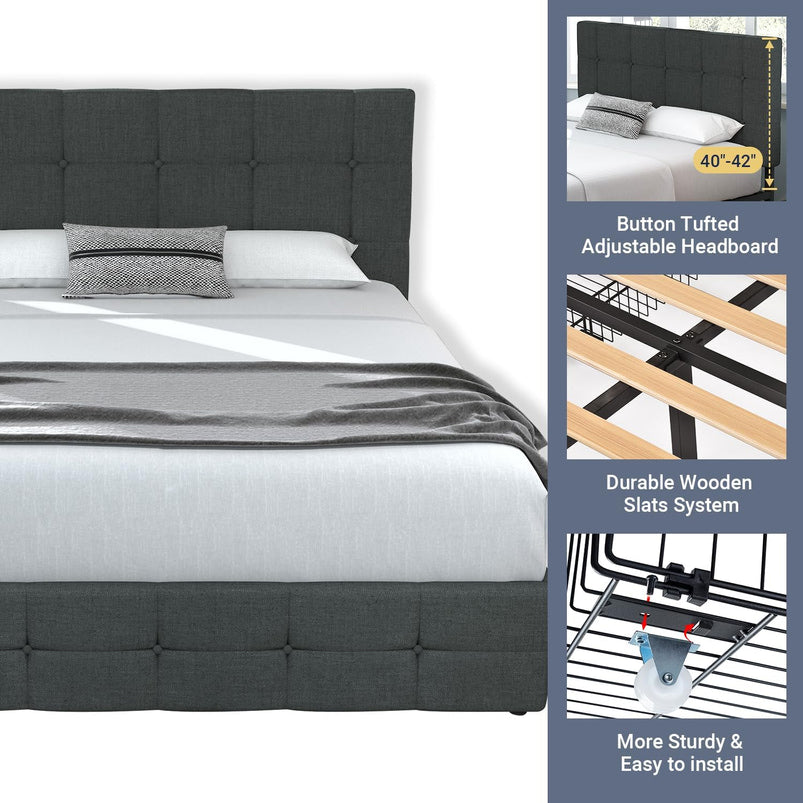 Allewie Upholstered Queen Size Platform Bed Frame with 4 Storage Drawers and Headboard, Square Stitched Button Tufted