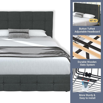 Allewie Upholstered Queen Size Platform Bed Frame with 4 Storage Drawers and Headboard, Square Stitched Button Tufted