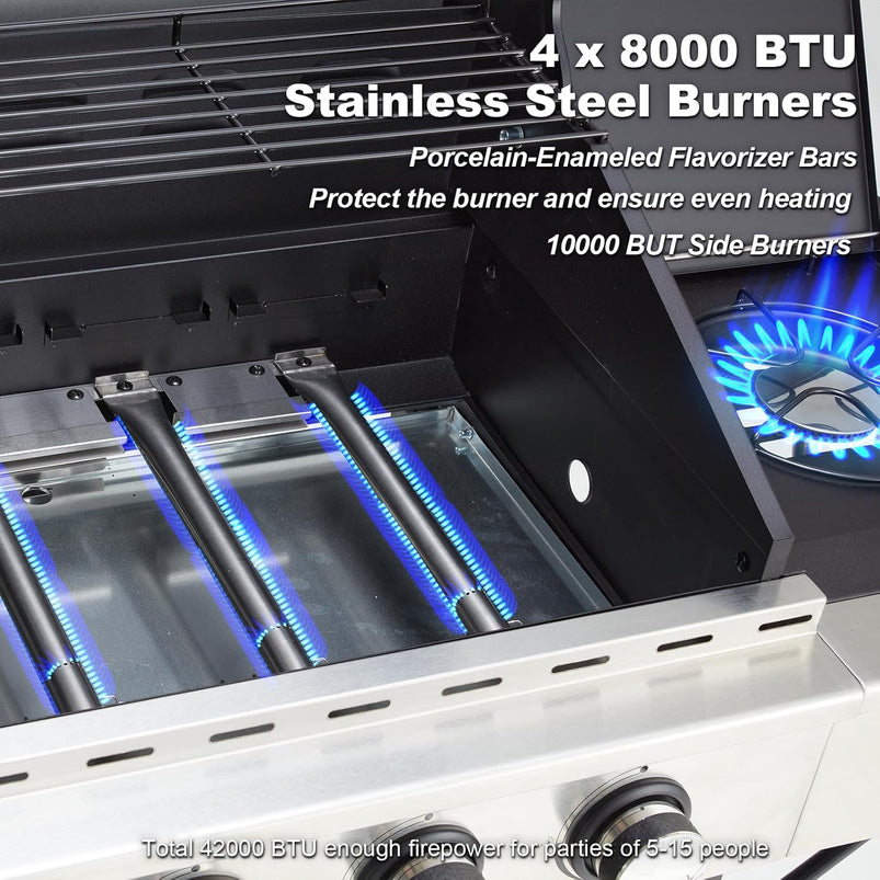Upgraded 4 Burner BBQ Propane Gas Grill with Cast Iron Grates and Side Stove, 44, 000 BTU Stainless Steel Burner Barbecue Grill for Patio, Camping