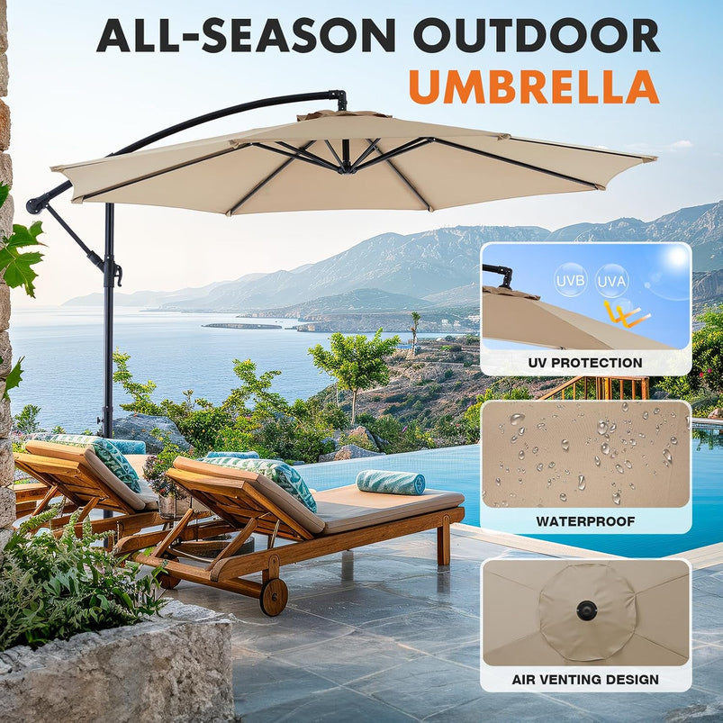 9.8FT Offset Patio Umbrella Hanging Cantilever Umbrella Outdoor Sun Shade with Easy Tilt Adjustment, 8 Ribs, UV Protection for Backyard, Lawn