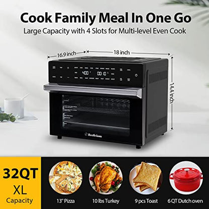 32QT Extra Large Air Fryer Toaster Oven Combo with Rotisserie and Dehydrator, Digital Convection Oven Countertop Air Fryer Fit 13" Pizza