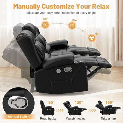 3 Seat Reclining Sofa with Storage Drawer USB Ports and Cup Holders Manual Couch