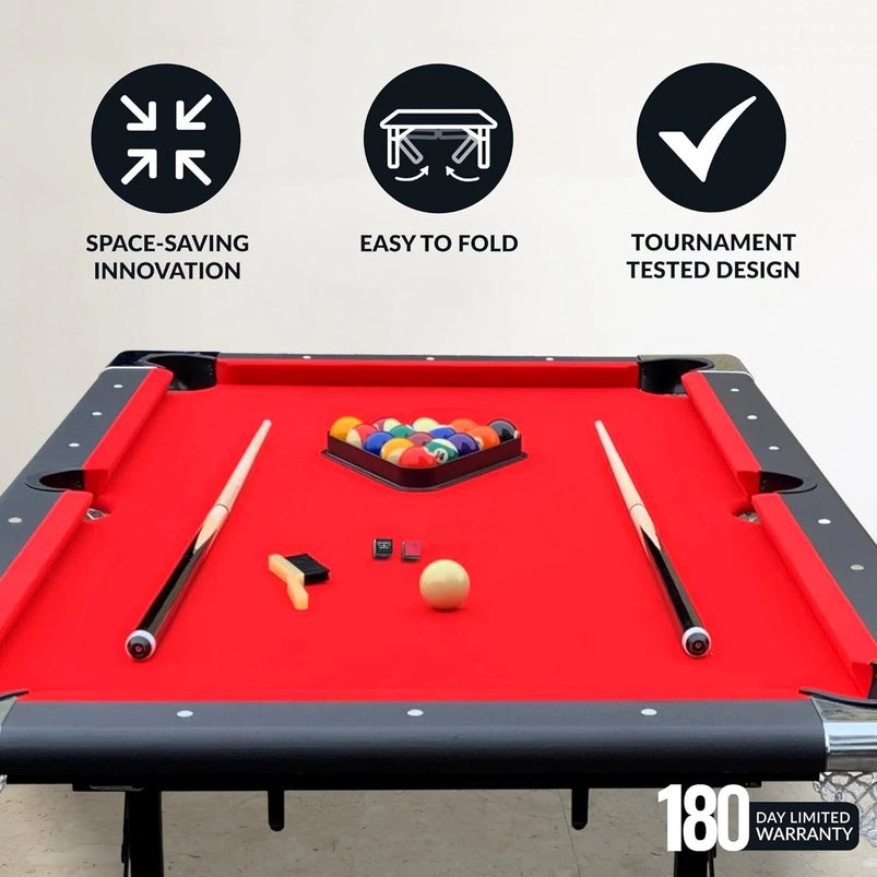 6 Ft Portable Pool Table, Adults Folding Billiards Tables for Game Room with Easy Foldable Storage, Includes Full Set of Billiard Balls, Cues