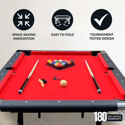 6 Ft Portable Pool Table, Adults Folding Billiards Tables for Game Room with Easy Foldable Storage, Includes Full Set of Billiard Balls, Cues